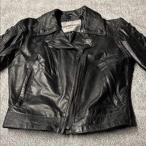 Unik Black Leather Biker Jacket with Skull Lapel Pin
